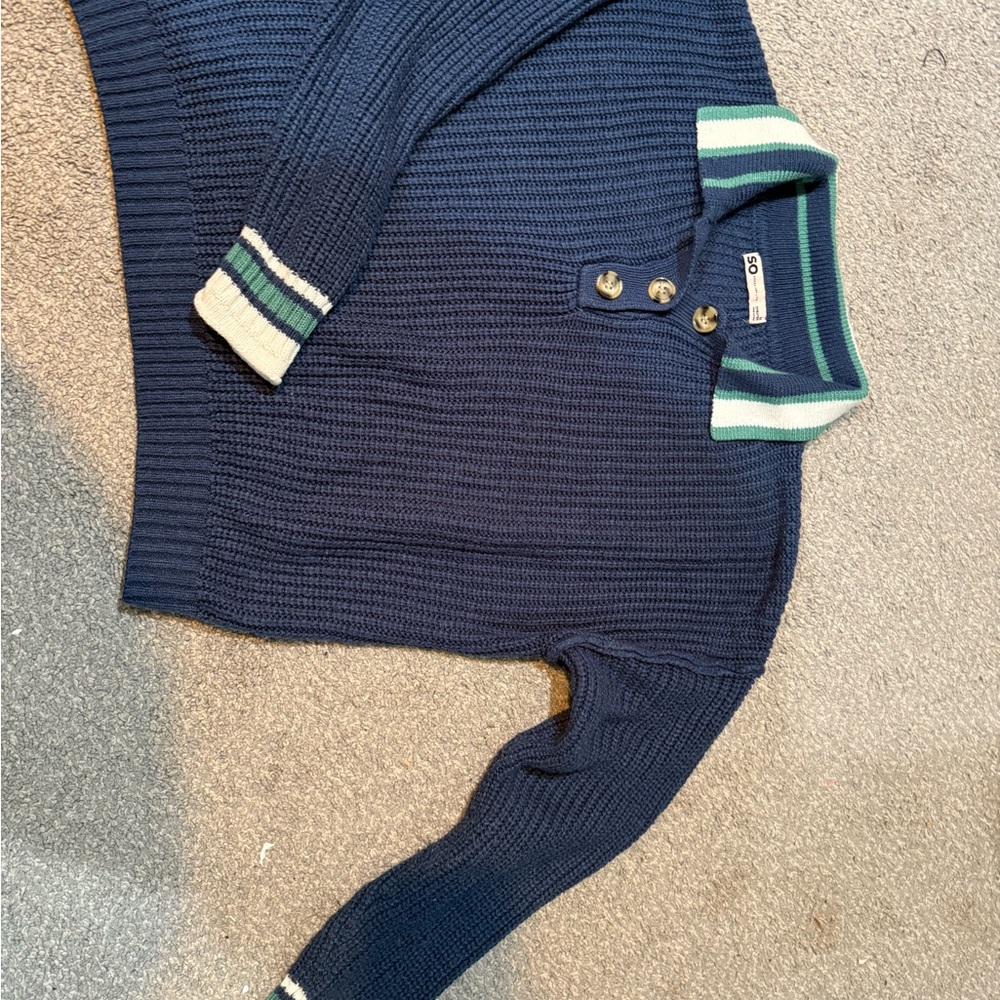SO Men's Blue Sweater with Green and White Trim